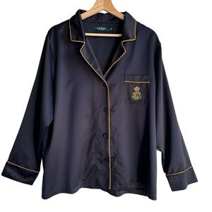Lauren Ralph Lauren Brown Satin Pajama Shirt Gold Logo Button Front Size XL